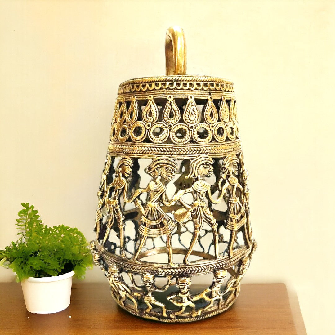 Cylindrical Shape Dhokra Brass Lamp