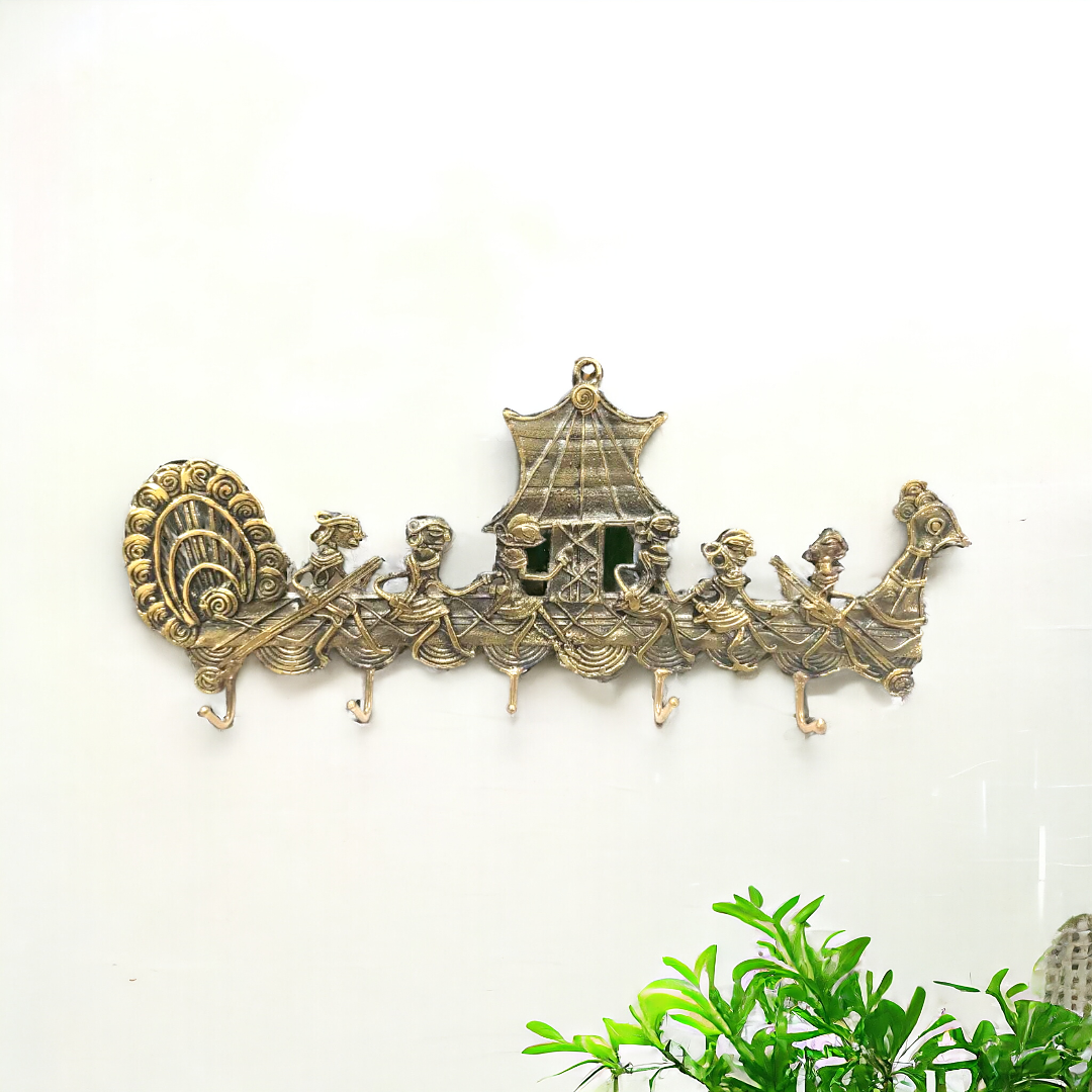 Dhokra Art Brass Wall Key Hanger - Large peacock boat