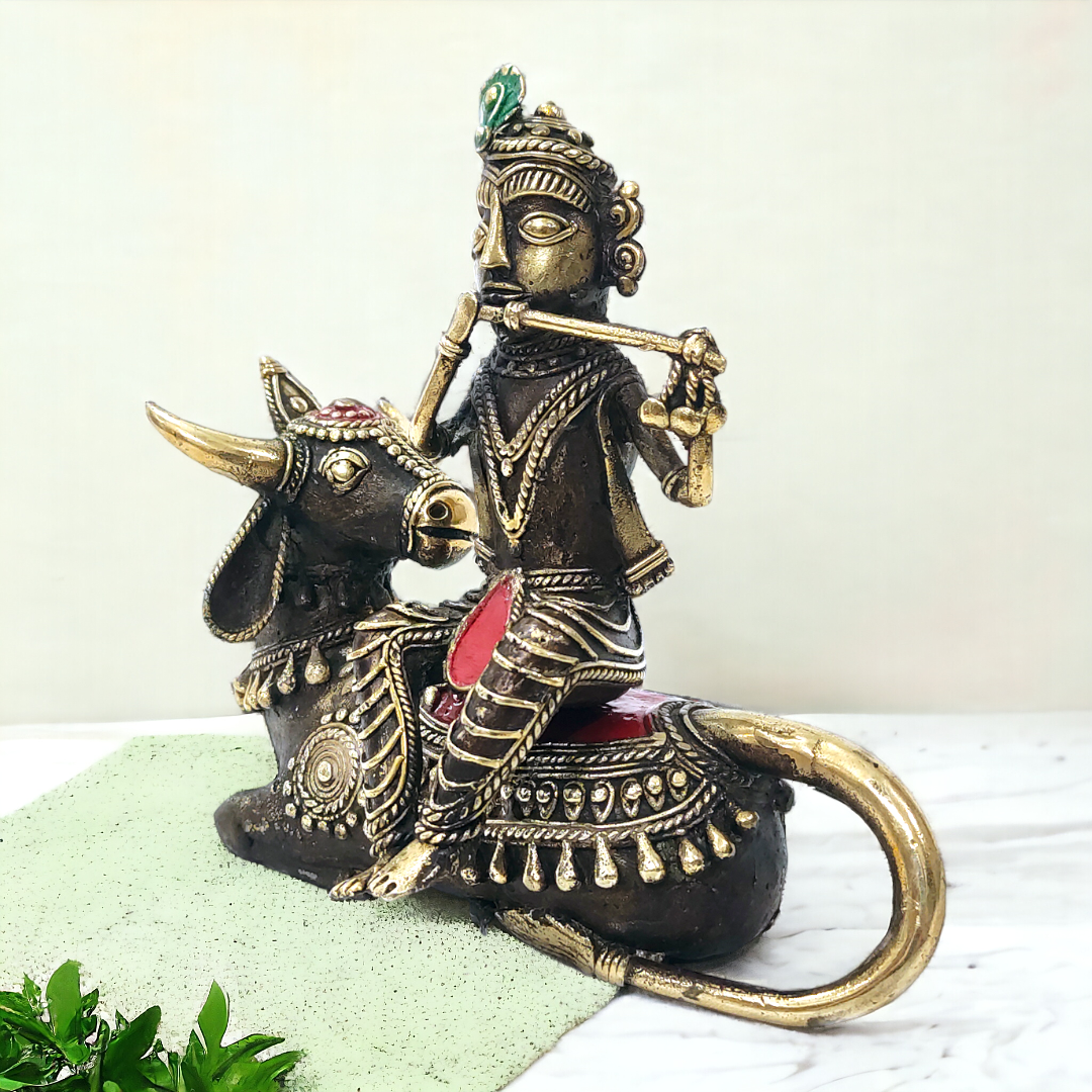 Lord Krishna Playing Flute on Nandi Dhokra Brass Statue