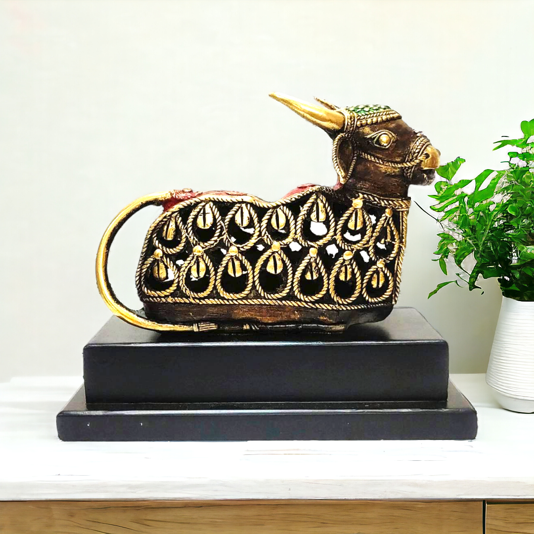 Multicolored Brass Jali Nandi with Base