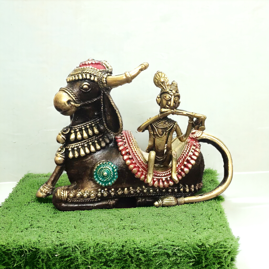 Lord Krishna Playing Flute on Nandi Dhokra Brass Statue