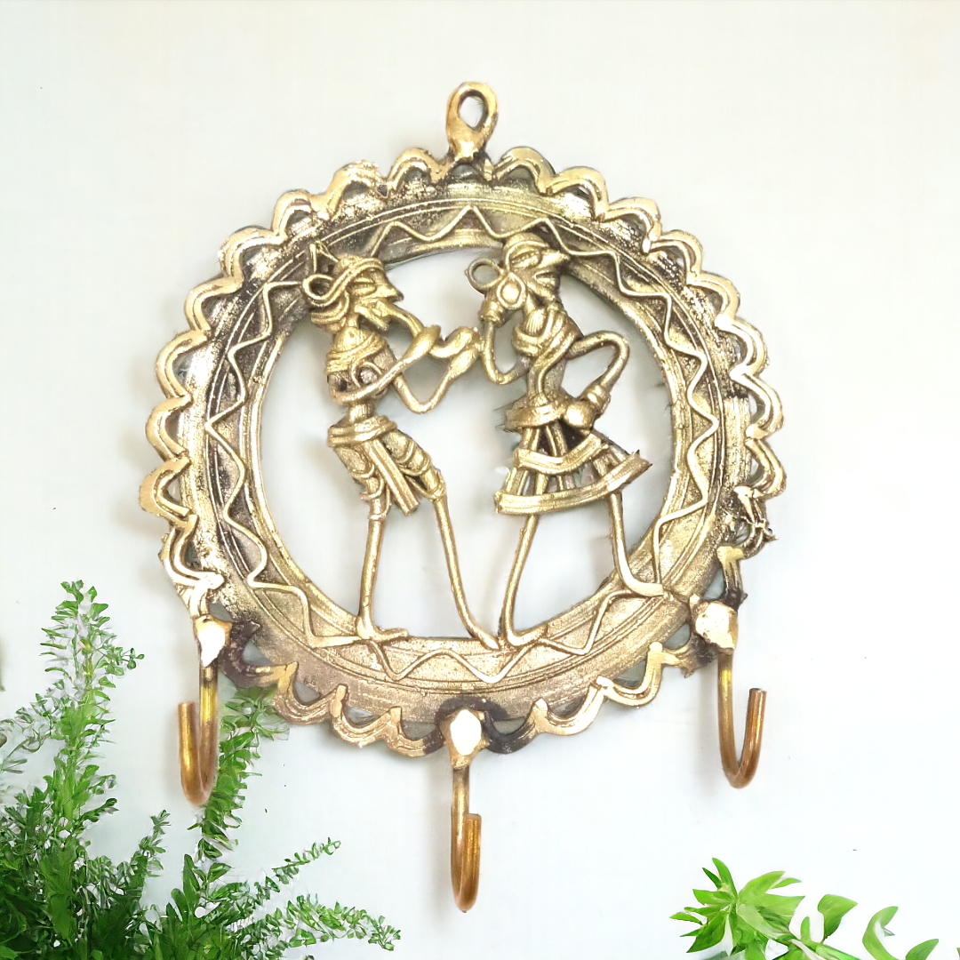 Round Brass Dhokra Key Hanger with Three Hooks