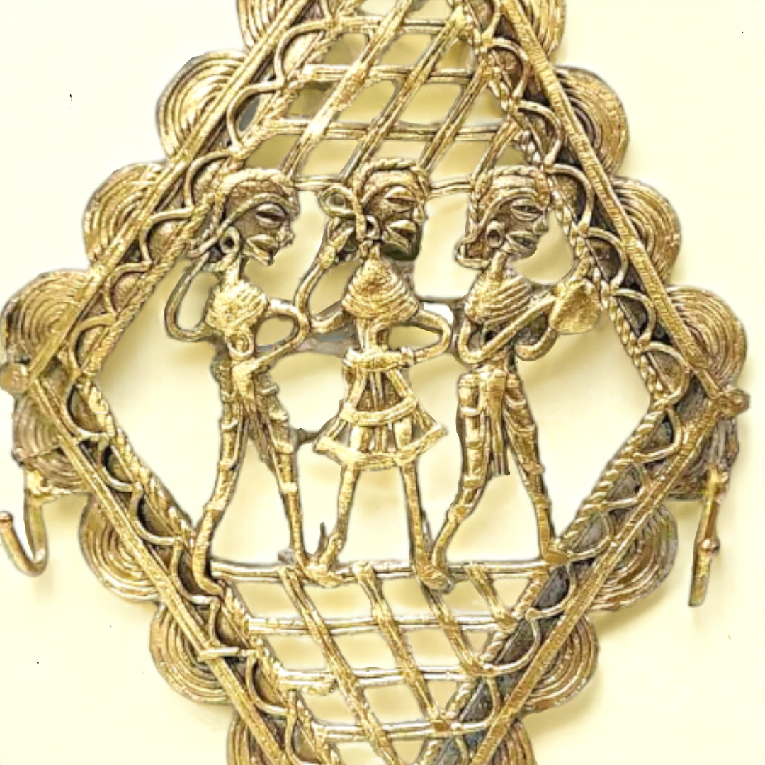 Dhokra Brass Diamond Key Hanger with Three Tribal Figures