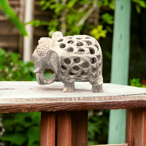 Soapstone Elephant Statue With Exquisite Under Cut Jali Carving