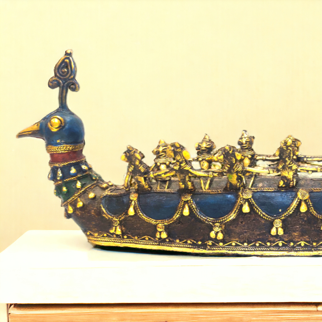 Dhokra Multicolored Brass Peacock Boat with Tribals