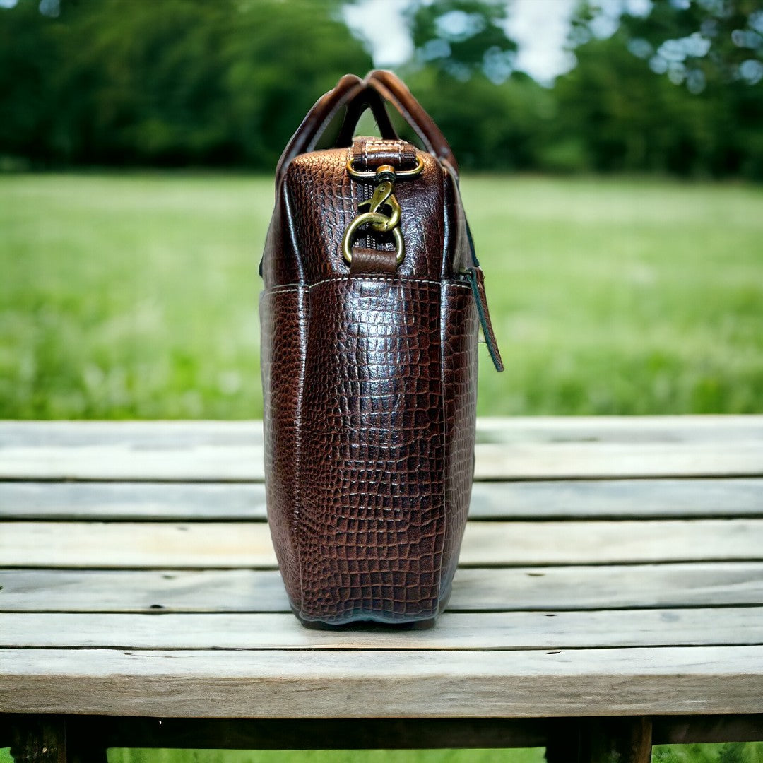 Brown Croco Print Laptop Bag