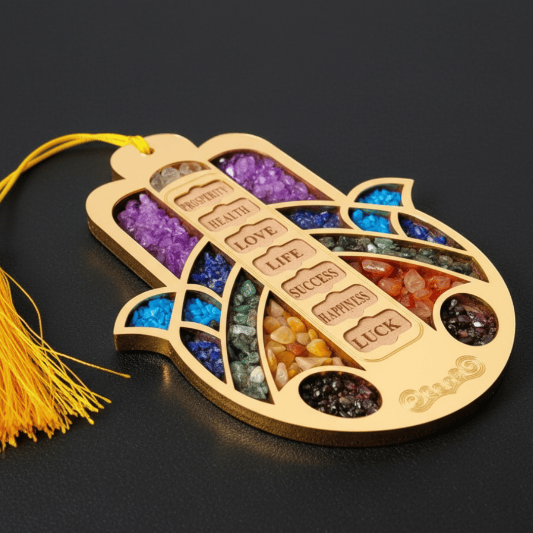 Crystal 7 Blessings Hamsa Home Wood Hanging Semi Precious Stones House warming Gift