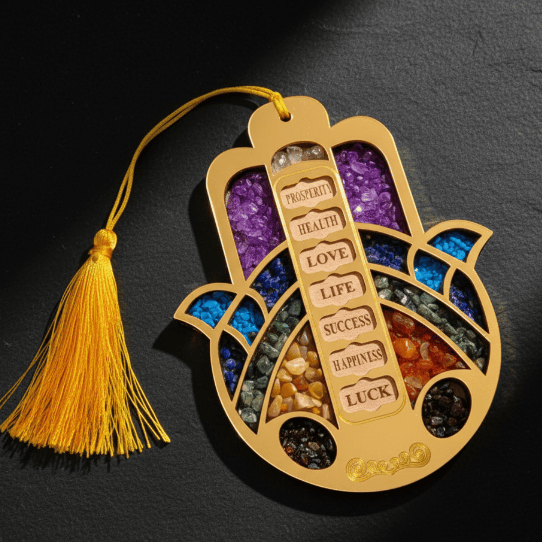 Crystal 7 Blessings Hamsa Home Wood Hanging Semi Precious Stones House warming Gift (3)