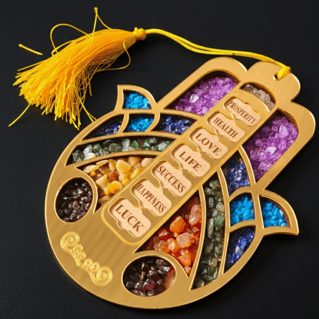 Crystal 7 Blessings Hamsa Home Wood Hanging Semi Precious Stones House warming Gift (5)